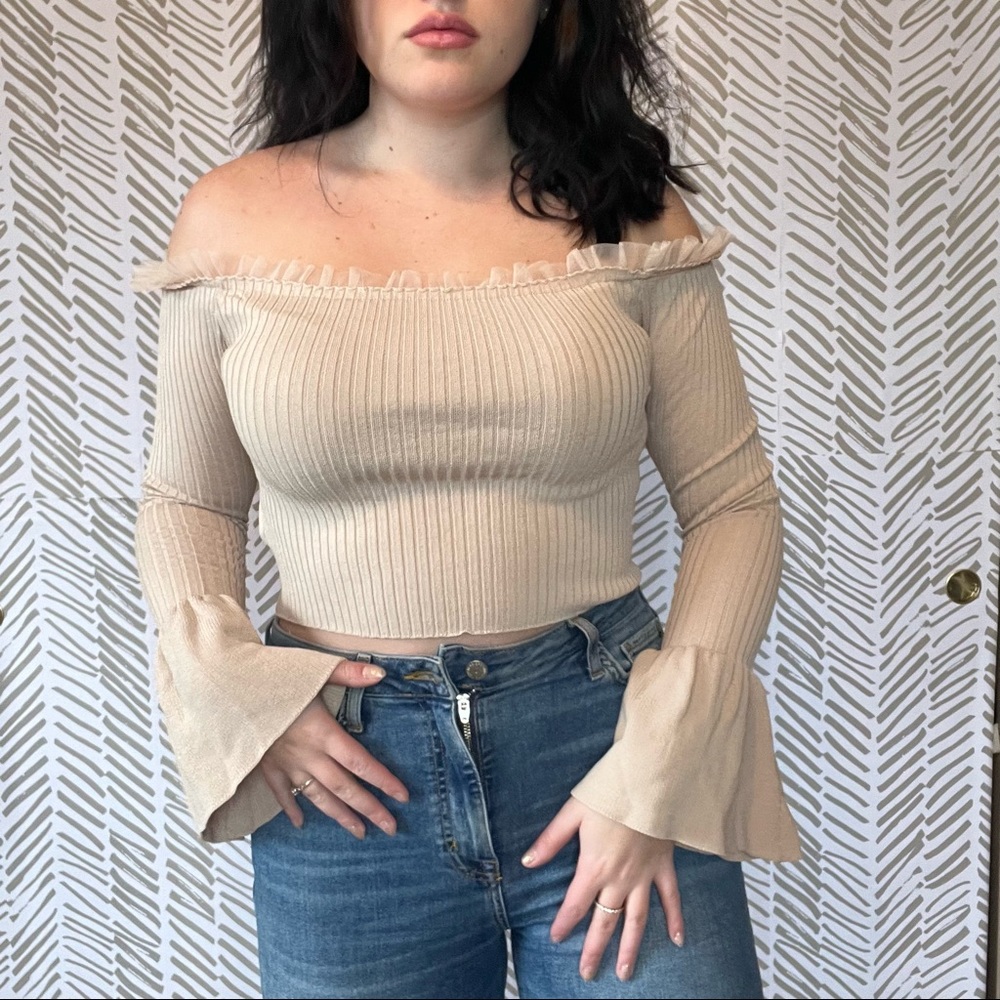 Cropped Off Shoulder Long Sleeve Top Tan